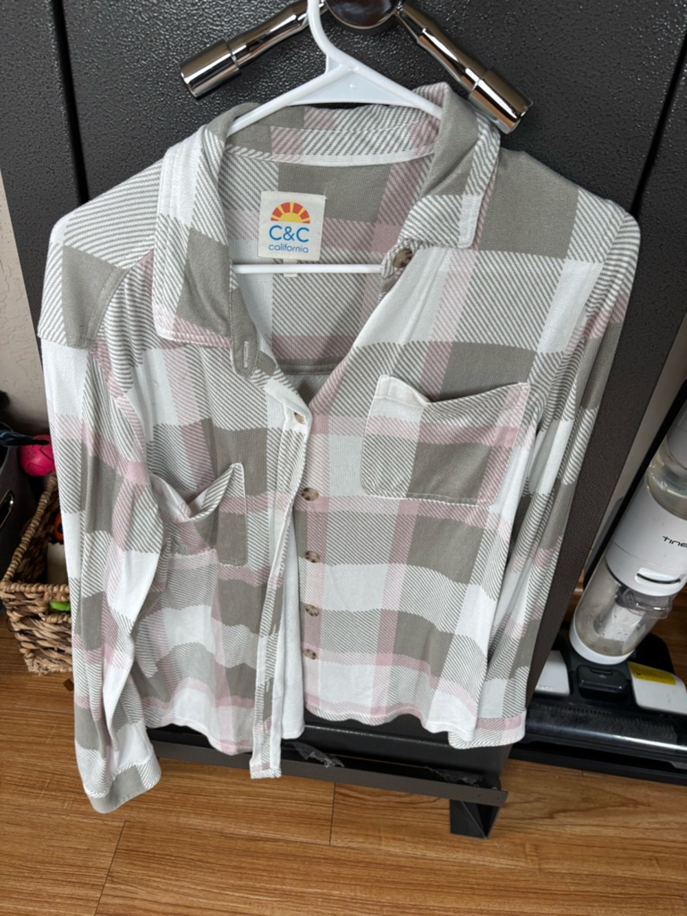 C&C California Plaid Shirt Jacket in Sage Green, Pale Pink & White